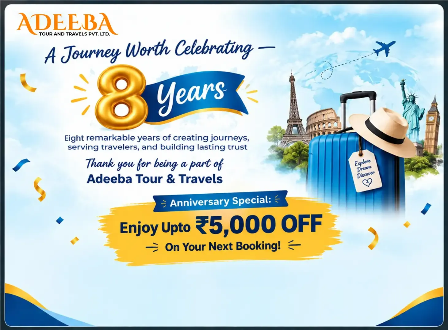 Adeeba Tour & Travels 9th Anniversary - ₹5,000 Off