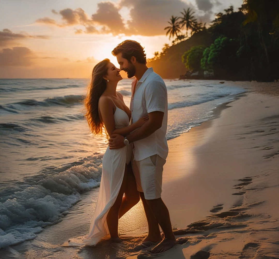 Romantic honeymoon couple embracing on a Bali beach at sunset, with golden light reflecting on the water.