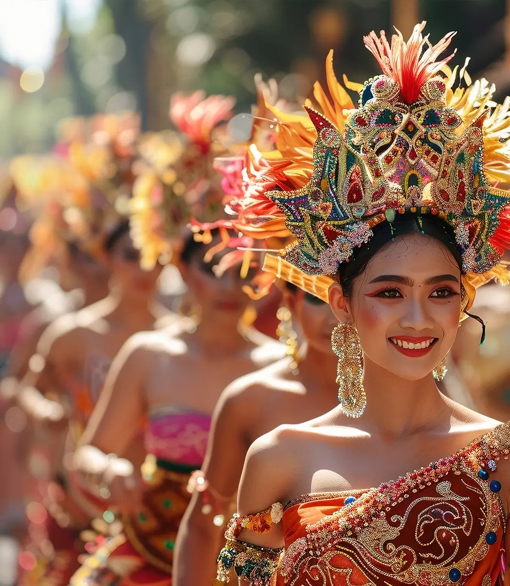 Balinese women in traditional attire performing a vibrant cultural dance during a festival in Bali, Indonesia.
