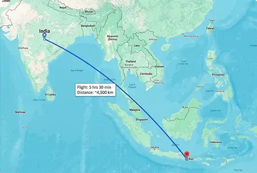 A map displaying the flight route from India to Asia, highlighting key waypoints and destinations along the journey