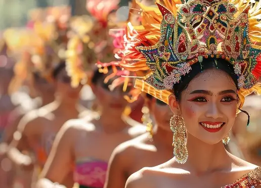 Balinese women in traditional attire performing a vibrant cultural dance during a festival in Bali, Indonesia.
