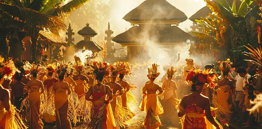 Balinese dancers in vibrant traditional costumes perform a cultural ceremony in a temple setting, bathed in golden light.
