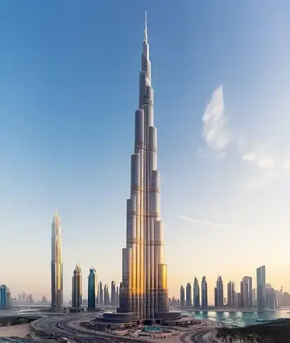 A stunning view of the Burj Khalifa in Dubai, UAE, highlighting its impressive height and modern design.