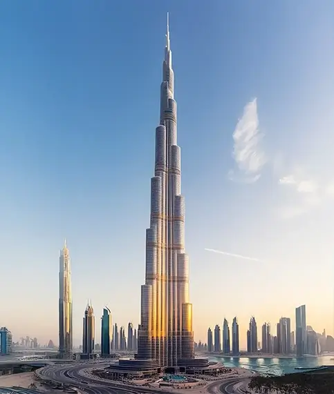 A stunning view of the Burj Khalifa in Dubai, UAE, highlighting its impressive height and modern design.