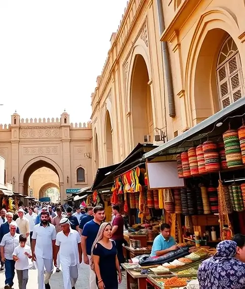 A diverse crowd navigates an open market filled with vibrant displays, a great experience for Dubai tour packages enthusiasts.