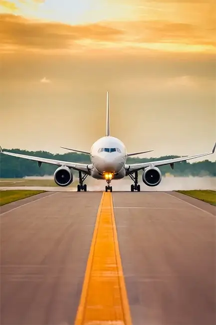 A commercial airplane preparing for takeoff on a runway at sunset, representing direct flights from Kolkata (CCU) to Dubai.