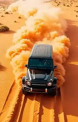 A black SUV kicks up dust while driving through the Dubai desert during a thrilling safari adventure.