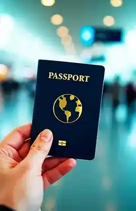 A person holds a passport in their hand, ready for travel.