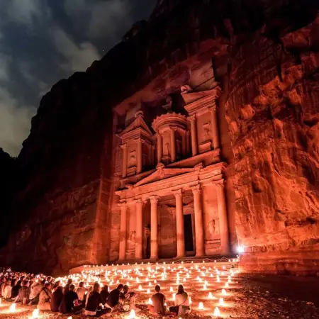 Night view of the candlelit Treasury in Jordan