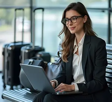 Traveler planning Singapore tour package from India with laptop at airport