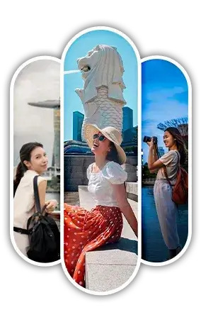 A montage of a family and couples enjoying their Singapore vacation packages, featuring the Merlion, Marina Bay Sands, and a selfie at a local attraction.