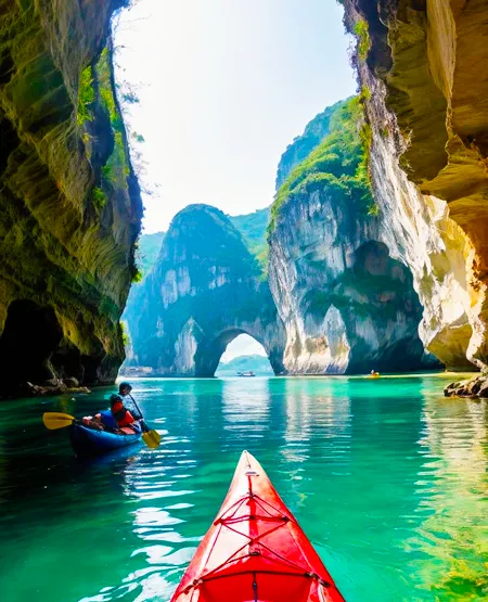 Kayaks paddling in the beautiful, clear green water of Ang Thong Marine Park, Ko Samui.