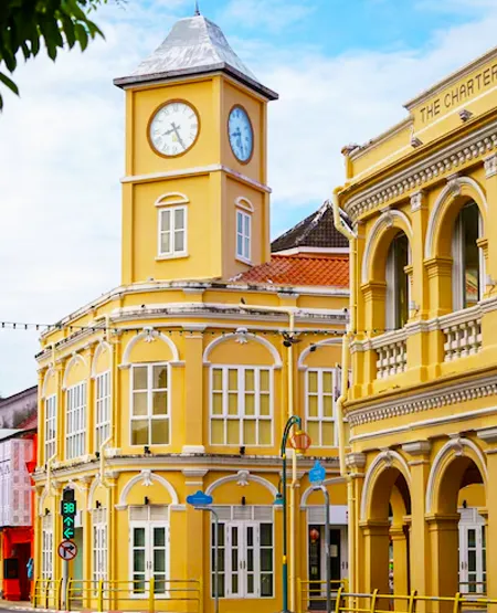 Colorful Sino-Portuguese buildings in Phuket Old Town, highlighting the unique historical architecture.