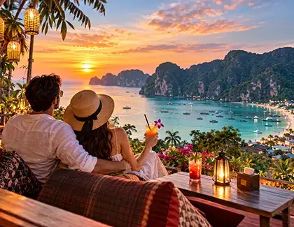 Couple enjoying a romantic sunset view over a Thai island.