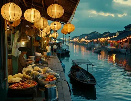 Traditional riverside market with lanterns and boats at sunset.