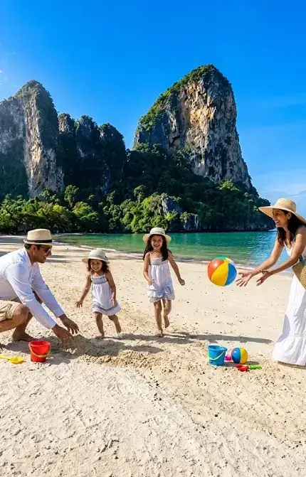 Family enjoying a beach holiday in Krabi during a Thailand family tour package with beautiful island scenery and beach activities.