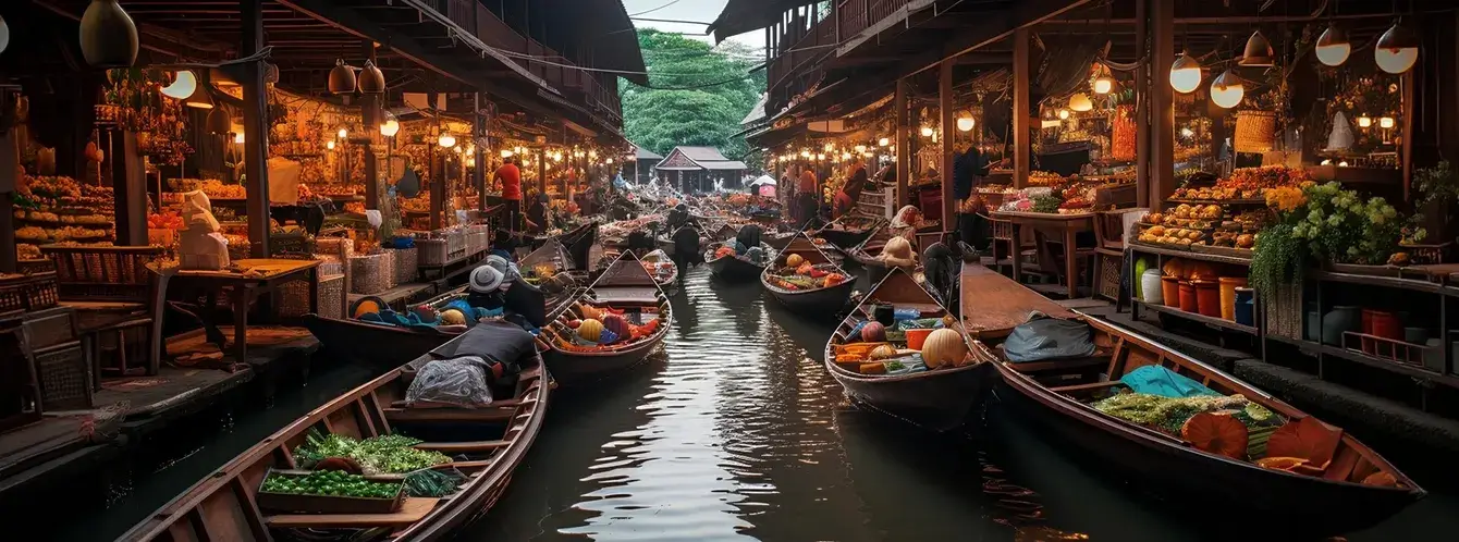 Traditional floating market experience in Bangkok included in Thailand holiday packages with local shopping and cultural attractions.