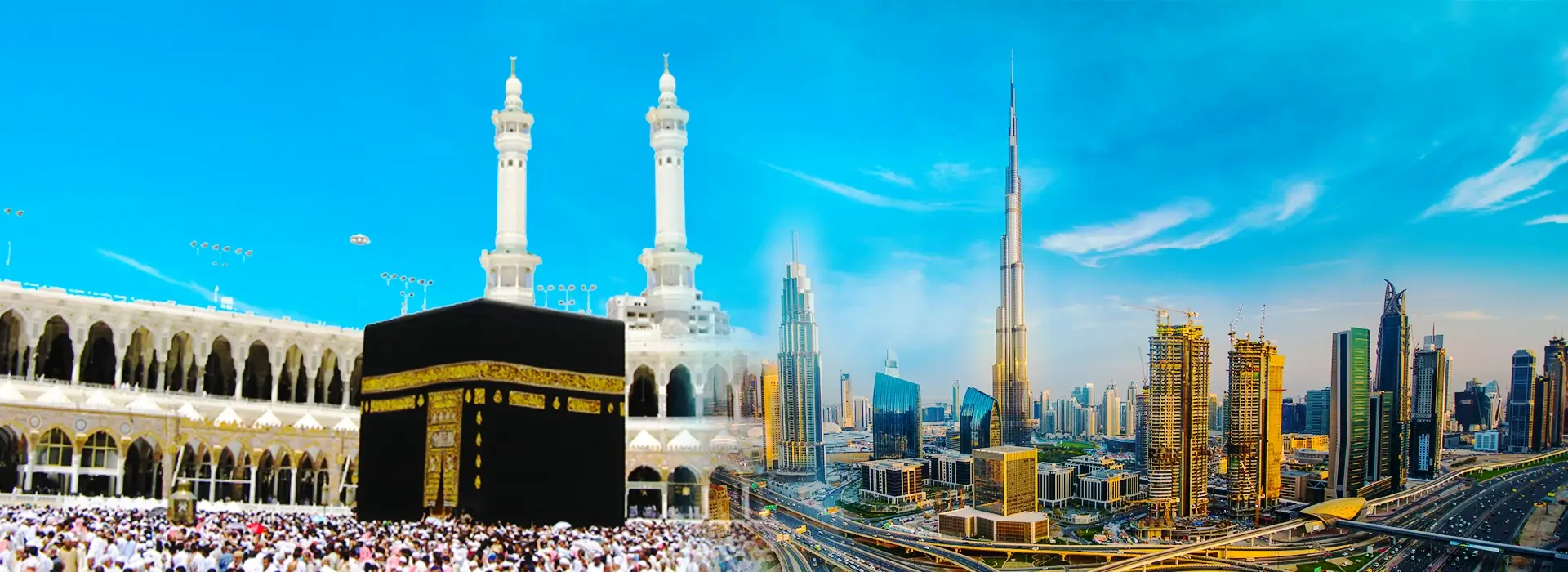 Umrah with Dubai Tour Package banner showing the Kaaba and Burj Khalifa.
