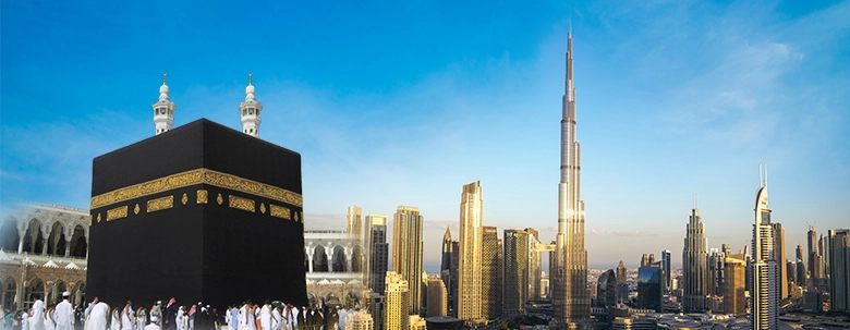 Young woman wearing sunglasses posing in front of modern and traditional architecture in Dubai