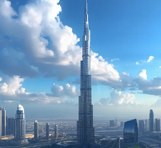 Iconic view of the Burj Khalifa tower and Dubai skyline, leisure stop of the Umrah with Dubai Package.