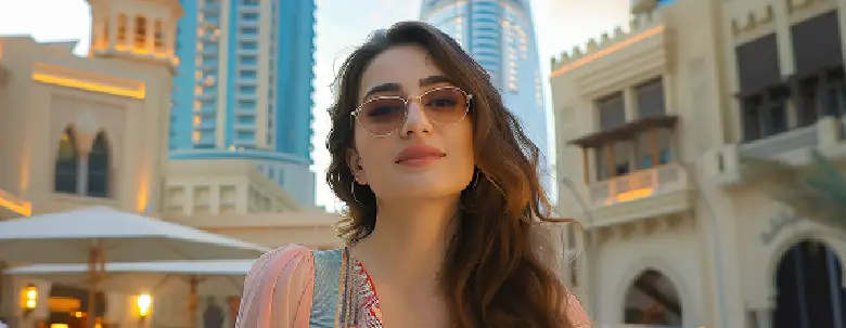 Young woman wearing sunglasses posing in front of modern and traditional architecture in Dubai
 