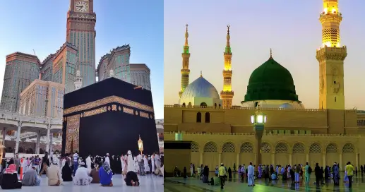 Split image of the Kaaba in Makkah and the Prophet's Mosque in Madinah.