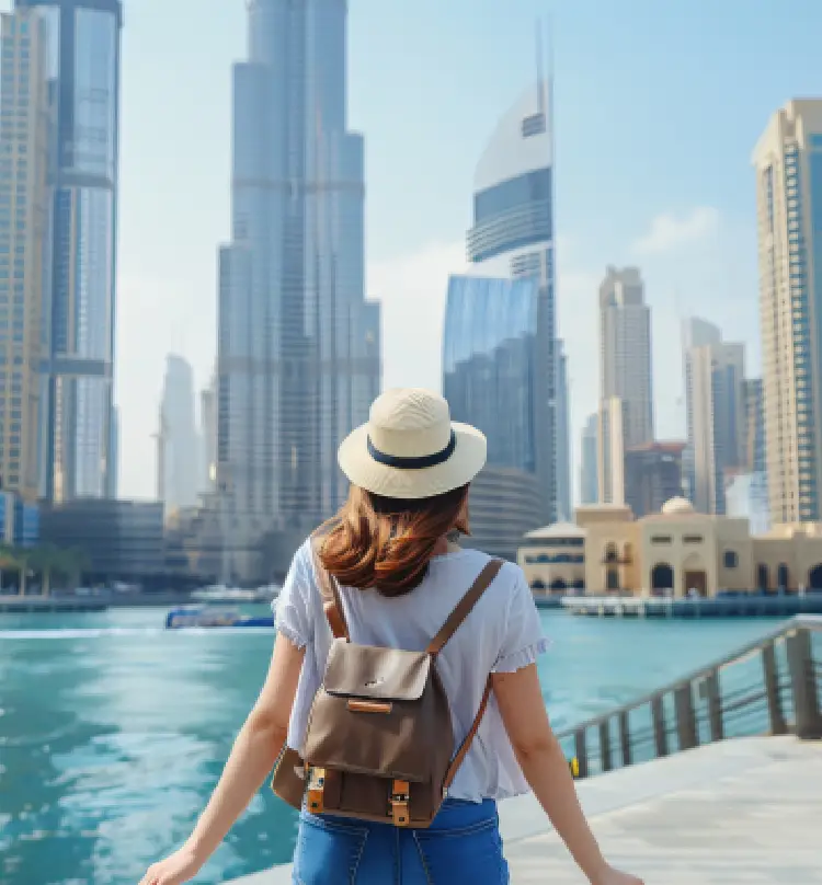 Tourist wearing a hat and backpack viewing Dubai's modern skyline from the waterfront.